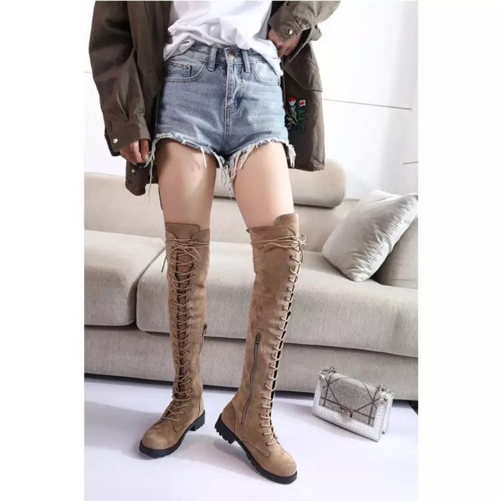 LAST 1️⃣Vegan Suede Tan Over Knee Lace Up Boot - Picture 2 of 6
